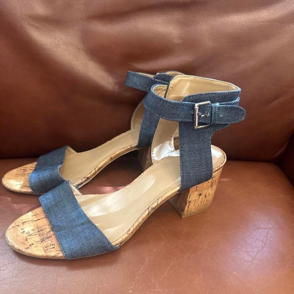 Blue Denim Ankle Strap Sandals Cork Block Heel Buckle Casual Summer Shoes